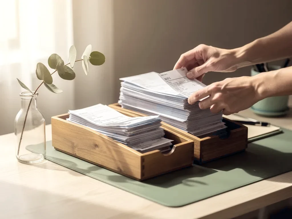Business paperwork spread out and being sorted into order at a desk