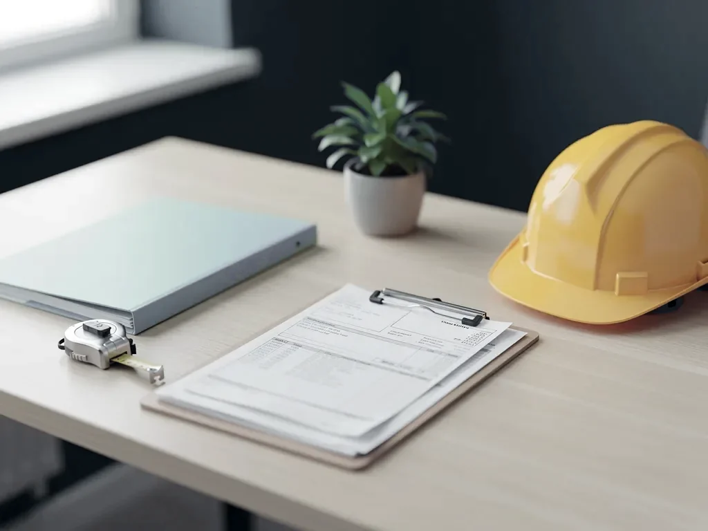 Job paperwork, a hard hat and a clipboard on a contractor's workbench