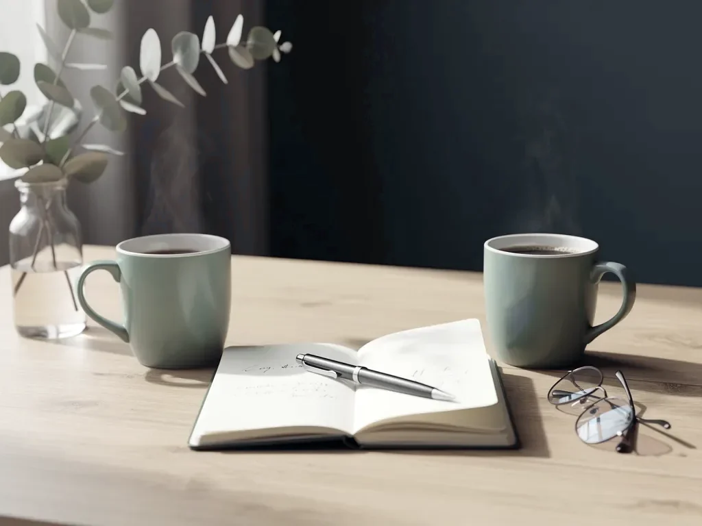 Two mugs and an open notebook set out for a consultation about a client's books