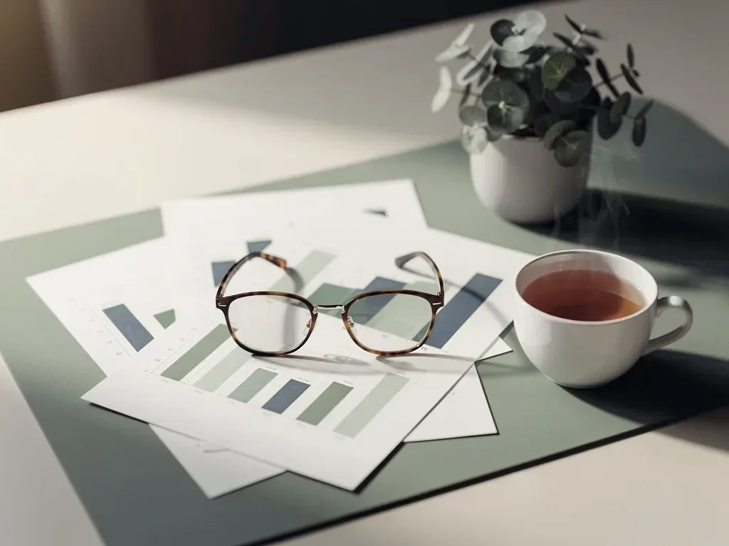 Organized paperwork and reports on a desk during a year-end review