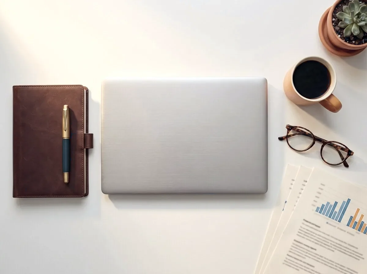 A laptop, notebook and coffee set up for a working session on a business owner's desk