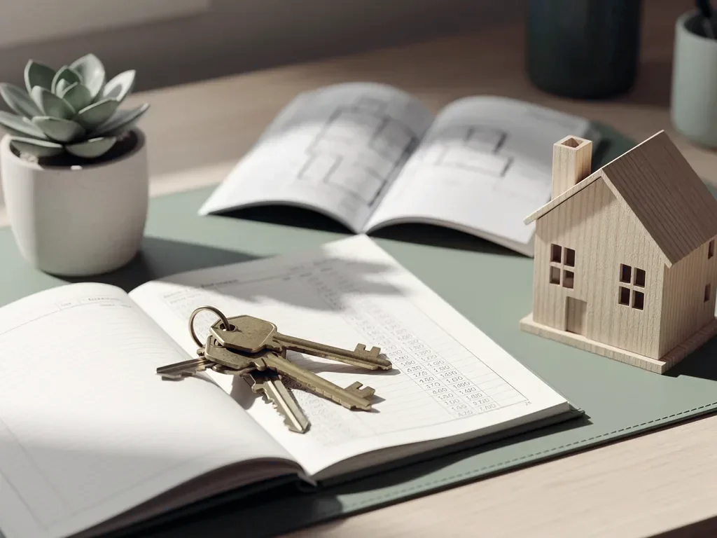 Keys, a small house model and an open ledger on a rental property owner's desk