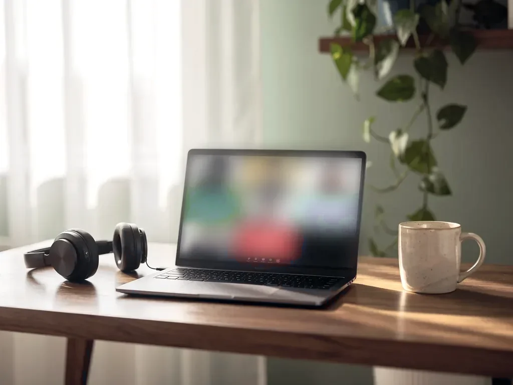 Laptop and headset on a bright desk, set up for a remote bookkeeping client meeting